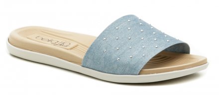 Dámská letní rekreační nazouvací obuv typu plážovky. Obuv vyrobená z kombinace syntetického materiálu, pásek je textilní.