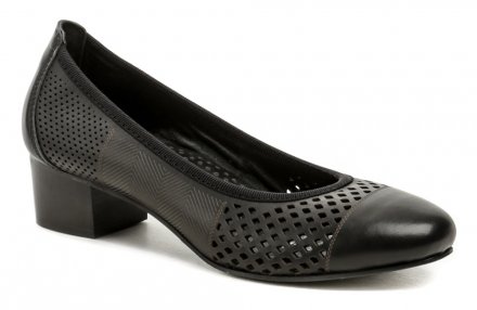 Dámská celoroční vycházková obuv typu lodičky na stabilním nízkém podpatku. Obuv je vyrobená z pravé přírodní kůže.