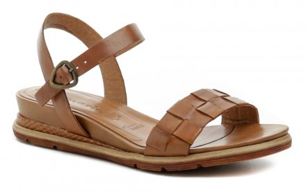 Dámská letní vycházková sandálová obuv na mírném klínku se zapínáním kolem kotníku, vyrobená z pravé přírodní kůže.