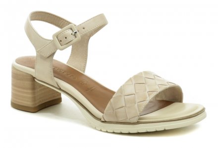 Dámská letní vycházková sandálová obuv na podpatku se zapínáním na pásek se sponou kolem kotníku, vyrobená z kombinace pravé přírodní kůže a textilního materiálu. 