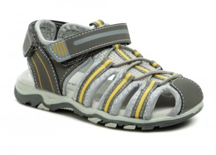 Dětská letní vycházková sandálová obuv s plnou špičkou,  vyrobená z kombinace syntetické kůže a textilního materiálu.
